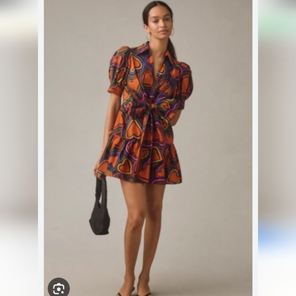 Farm Rio Multicolor Heart Print Mini Dress. Size L